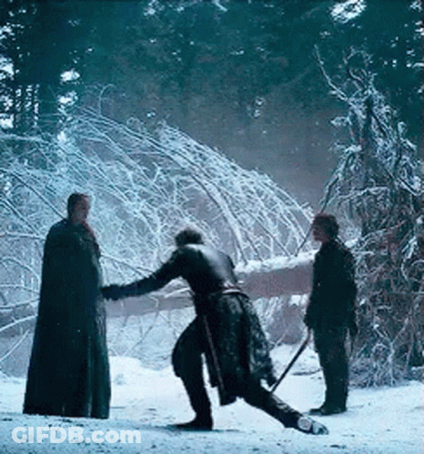 A Group Of People Are Standing In The Snow Holding Swords GIF