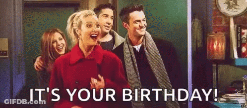 A Group Of People Are Standing Next To Each Other And Laughing While A Woman Says `` It 'S Your Birthday '' . GIF