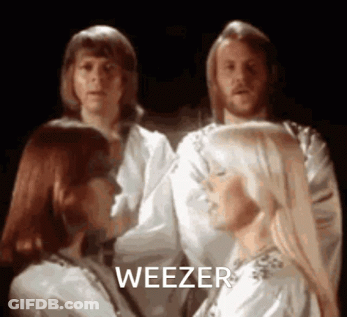 A Group Of People Are Standing Next To Each Other And The Word Weezer Is On The Bottom Of The Image GIF