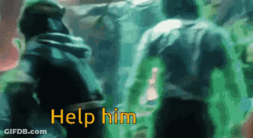 A Group Of People Are Standing Next To Each Other And The Words `` Help Him '' Are Written In Yellow . GIF