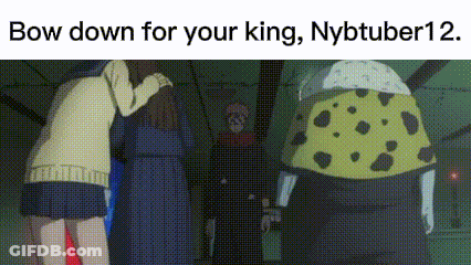 A Group Of People Are Standing Next To Each Other In A Room With A Cartoon Character Standing In The Background . GIF