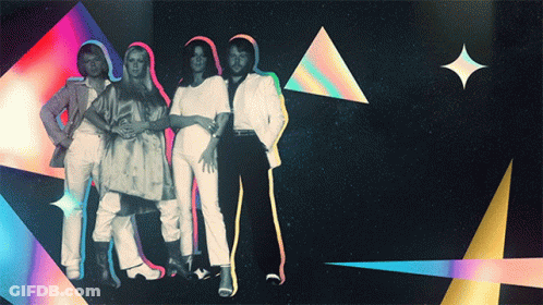 A Group Of People Are Standing Next To Each Other In Front Of A Colorful Background GIF