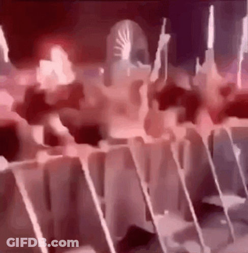 A Group Of People Are Standing Next To Each Other On A Stage In Front Of A Castle . GIF