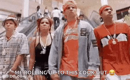 A Group Of People Are Standing Next To Each Other On An Escalator And One Of Them Is Saying `` Me Rolling Up To This Coo GIF