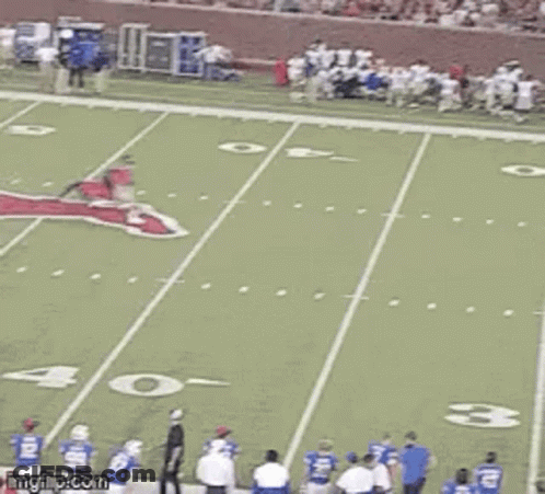 A Group Of People Are Standing On A Football Field Watching A Game Being Played . GIF