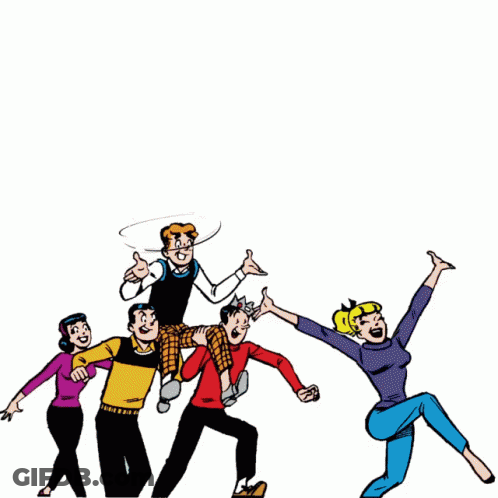 A Group Of People Are Standing Together And One Of Them Says " Yea Archie " On The Bottom GIF