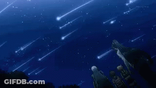 A Group Of People Are Standing Under A Starry Sky With Shooting Stars . GIF