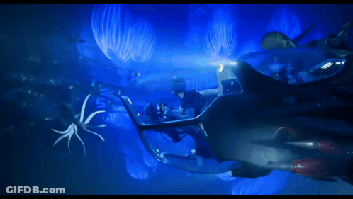 A Group Of People Are Swimming In An Aquarium With Sharks And Other Fish GIF