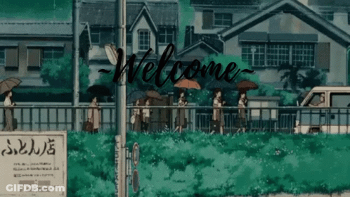 A Group Of People Are Walking Across A Bridge With Umbrellas And A Sign That Says Welcome GIF