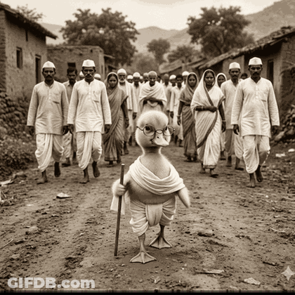 A Group Of People Are Walking Down A Dirt Road With A Duck In The Middle GIF