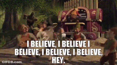 A Group Of People Are Walking Down A Dirt Road With The Words I Believe I Believe I Believe GIF