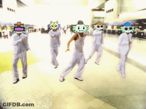 A Group Of People Are Walking Down A Hallway With Masks On Their Faces Including One That Says ' Hello ' GIF
