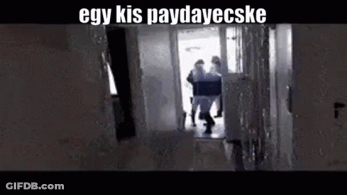 A Group Of People Are Walking Down A Hallway With The Words `` Egy Kis Paydayecske '' Written On The Bottom . GIF