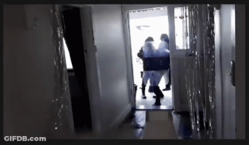 A Group Of People Are Walking Down A Hallway With Tinsel Hanging On The Wall GIF