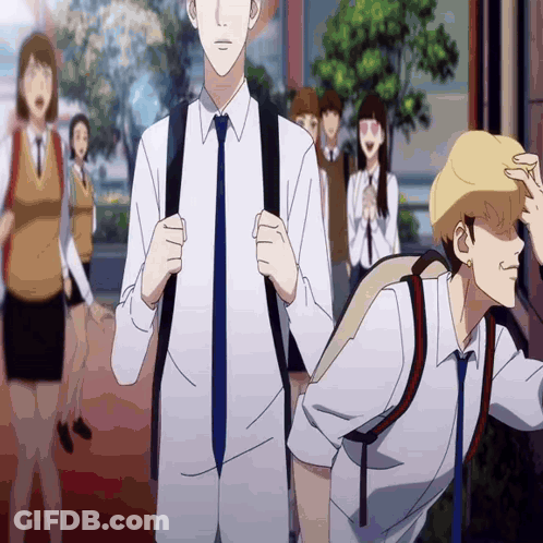 A Group Of People Are Walking Down A Street And One Of Them Has A Backpack GIF