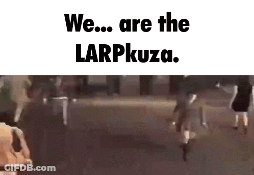 A Group Of People Are Walking Down A Street And The Words We Are The Larpkuza Are On A White Background GIF