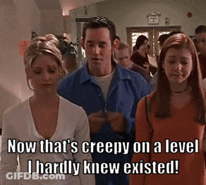 A Group Of People Are Walking In A Hallway With The Caption Now That 'S Creepy GIF