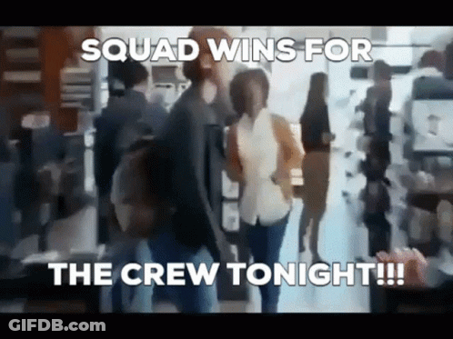 A Group Of People Are Walking In A Store With A Caption That Says Squad Wins For The Crew Tonight !!! GIF