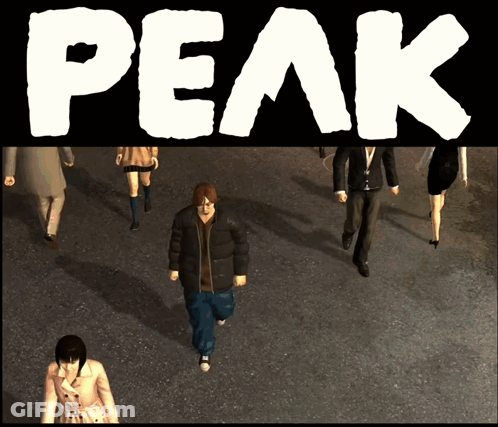 A Group Of People Are Walking In Front Of A Black Background That Says Peak GIF