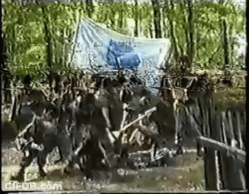 A Group Of People Are Walking In The Woods With A Large Flag In The Background . GIF