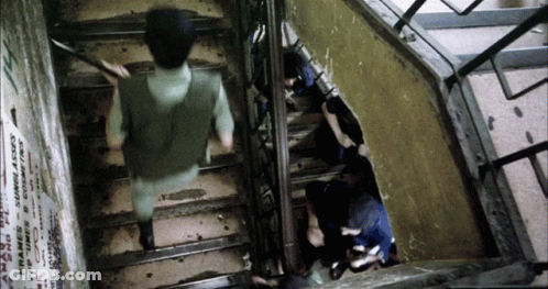 Group Walking Up Stairs Past Do Not Enter Sign GIF
