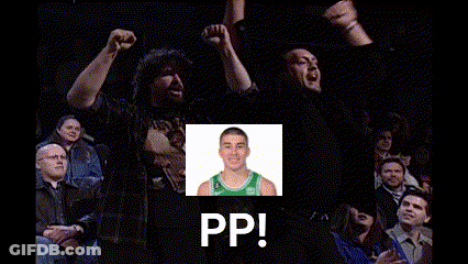 A Group Of People Are Watching A Basketball Game And One Of Them Is Wearing A Green Jersey That Says Pp ! GIF