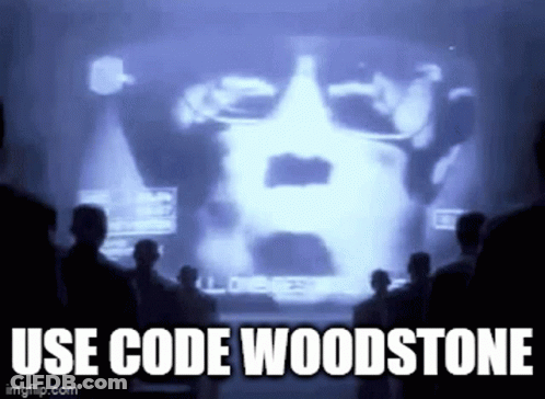 A Group Of People Are Watching A Video With The Words Use Code Woodstone GIF