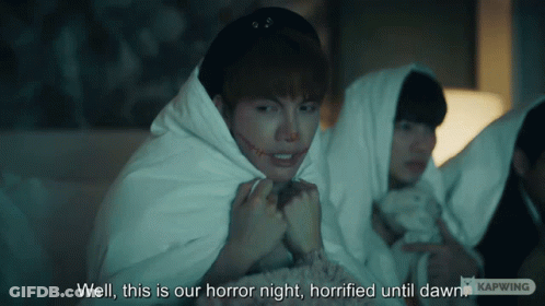 A Group Of People Are Wrapped In Blankets And One Of Them Says Well This Is Our Horror Night Horified Until Dawn GIF
