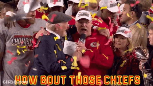 A Group Of People Celebrating With The Words How Bout Those Chiefs Written Above Them GIF