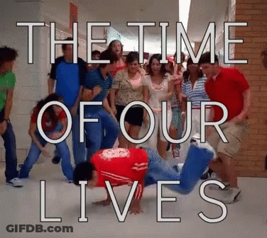 A Group Of People Dancing In A Hallway With The Words " The Time Of Our Lives " GIF