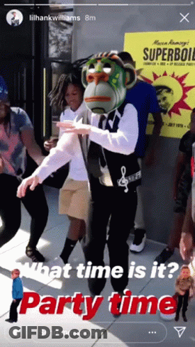 A Group Of People Dancing In Front Of A Poster That Says Superboy GIF
