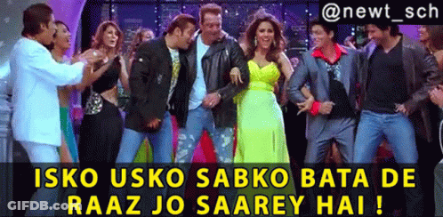 A Group Of People Dancing With The Caption Isko Usko Sabko Bata De Raaz Jo Saarey Hai ! GIF