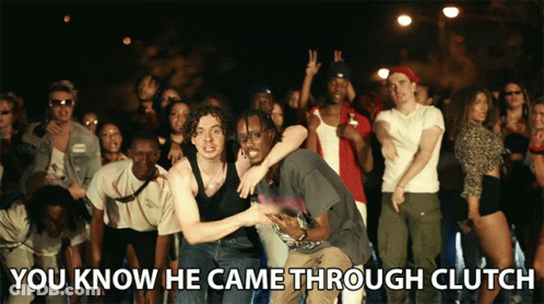 A Group Of People Dancing With The Words " You Know He Came Through Clutch " GIF