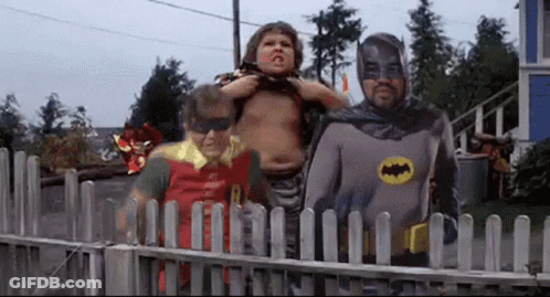 A Group Of People Dressed As Batman And Robin Are Standing Next To Each Other . GIF