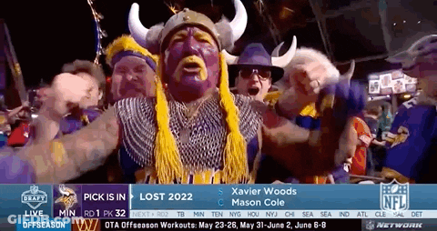 A Group Of People Dressed As Vikings Are Cheering At A Football Game GIF