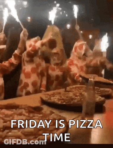 A Group Of People Dressed In Pizza Costumes Are Holding Sparklers And Eating Pizza .. GIF