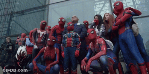 A Group Of People Dressed In Spider Man Costumes Pose For A Photo GIF