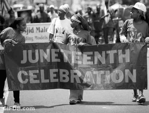 A Group Of People Holding A Banner That Says June Twentieth Celebration GIF