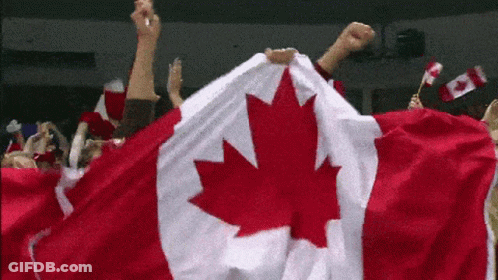 A Group Of People Holding A Canadian Flag In Their Hands GIF