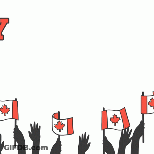 A Group Of People Holding Canadian Flags In Front Of A Sign That Says Happy Canada Day GIF