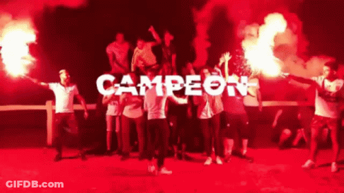 A Group Of People Holding Flares With The Word Campeon In White GIF