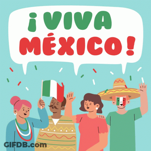 A Group Of People Holding Mexican Flags Under A Sign That Says " Viva Mexico " GIF
