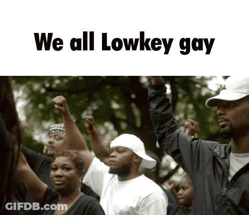 A Group Of People Holding Their Fists In The Air With The Words We All Lowkey Gay Written Above Them GIF