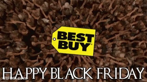 A Group Of People Holding Up Their Hands In Front Of A Best Buy Logo GIF