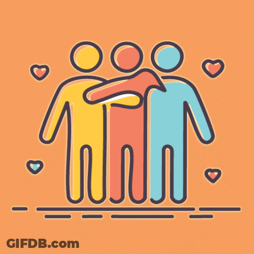 A Group Of People Hugging Each Other With Hearts In The Background GIF