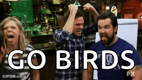 A Group Of People In A Bar With The Words Go Birds GIF