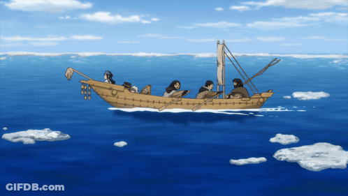 A Group Of People In A Boat Floating On Top Of A Body Of Water GIF