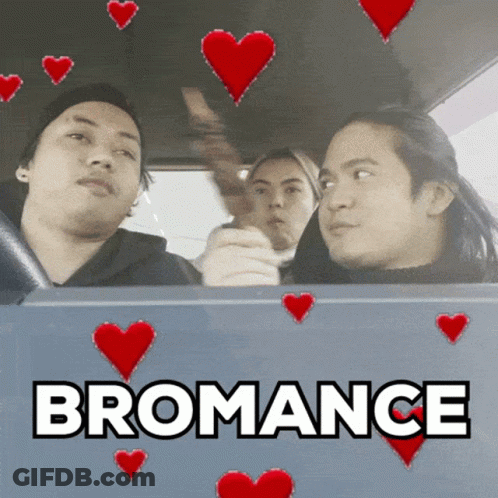 A Group Of People In A Car With The Word Bromance On The Bottom GIF
