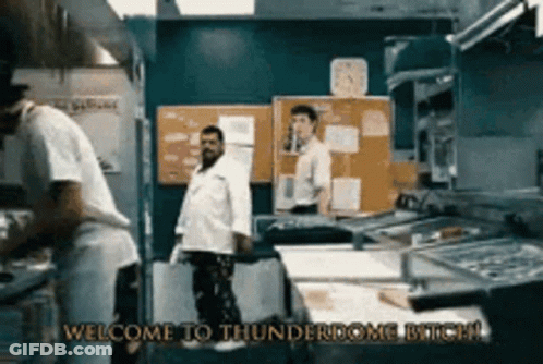 A Group Of People In A Kitchen With The Words Welcome To Thunderdome Bitch GIF