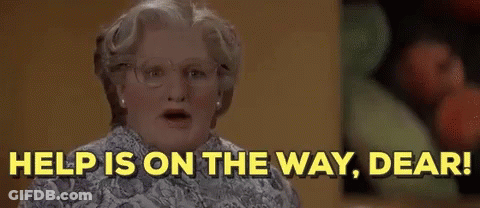 A Group Of People In A Restaurant With The Words Help Is On The Way Dear Written On The Bottom GIF